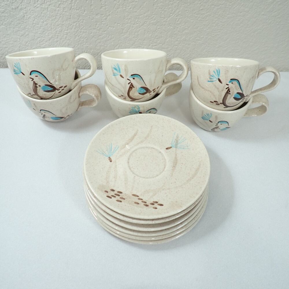Red Wing Bob White Quail 6 Cup Saucer Sets MCM Hand Painted Pottery Vintage